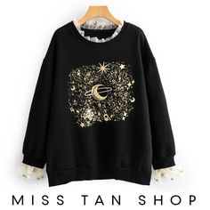 Moon And Stars Aesthetic Clothes, Black Star Print Sweatshirt For Winter, Trendy Black Sweater With Star Print, Black Star Print Top For Winter, Black Long Sleeve Sweatshirt With Star Print, Spacecore Aesthetic Outfit, Revolving Wardrobe, Spacecore Fashion, Space Inspired Outfits