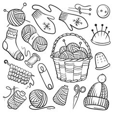 a black and white drawing of knitting supplies, including yarns, hats, gloves