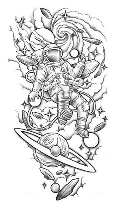 an astronaut tattoo design on the back of a woman's arm, with planets and stars