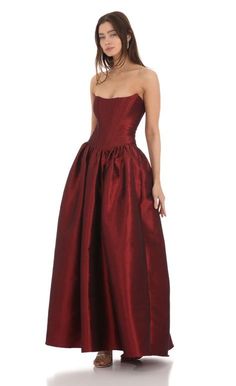 Strapless Corset Gown in Deep Red | LUCY IN THE SKY Red Corset Dress, Deep Red Dress, Wine Colored Dresses, Wine Red Dress, Dark Red Dresses, Corset Gown, Red Strapless Dress, Lucy In The Sky, Corset Dress Prom