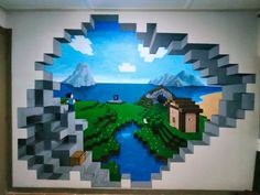 Wall/paint/brush/minecraft/perspective/Steve/illusion Minecraft Mural, Minecraft Room Ideas In Game, Minecraft Wall, Lego Bedroom, One Point Perspective, Minecraft Room, Minecraft Wallpaper, Bedroom Murals, Floor Tile Design