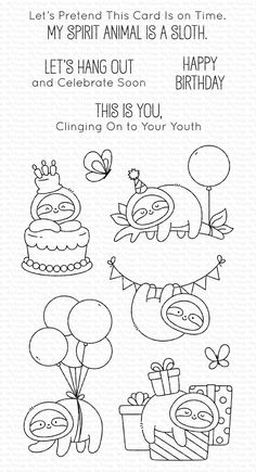 a birthday card with cartoon animals and balloons on it, in black and white ink