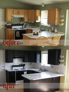 before and after pictures of a kitchen remodel with black cabinets, white countertops, and wood floors