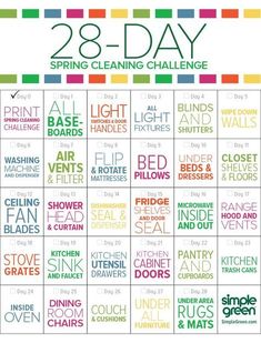 the 28 - day spring cleaning challenge is shown in green, yellow and orange colors