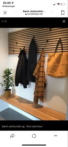 the coat rack has three coats hanging from it's hooks and two plants in pots