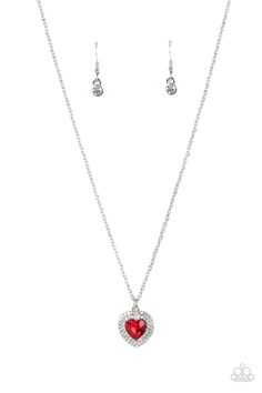 Bordered in stacked rows of glassy white rhinestones, a fiery red heart shaped gem sparkles at the center of a dainty silver chain for a flirtatious fashion. Features an adjustable clasp closure.

 Sold as one individual necklace. Includes one pair of matching earrings. Red Heart Necklace, Emerald Style, Happy Jewelry, Stackable Bangles, Red Necklace, Heart Frame, Paparazzi Accessories, Fiery Red, White Rhinestone