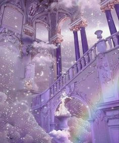 an artistic painting of a stairway leading up to a rainbow - filled sky with stars and clouds