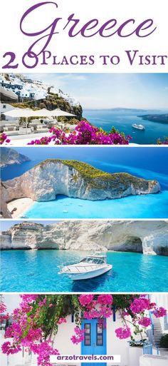 the greek island with pink flowers and blue water in front of it is an image that says