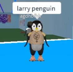 a cartoon penguin holding a bag with the word harry penguin on it's chest