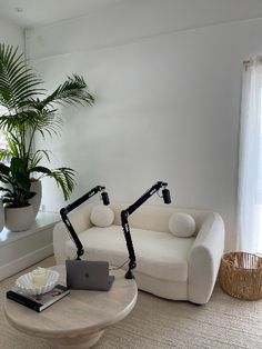 a living room with two white couches and a laptop on a table in front of a potted plant