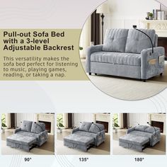 the sofa bed with adjustable backrests is shown in three different positions and sizes