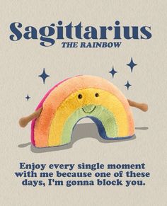 a rainbow stuffed animal with the caption sagittarius the rainbow enjoy every single moment with me because one of these days, i'm'm gonea block you