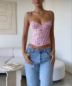 Pink Girly Tops, Cute Date Dresses Casual, Outfit Ideas For The Club, Authentic Instagram Pictures, Light Pink Corset Top, Princess Polly Aesthetic, Corset Outfit Pink, Light Pink Shoes Outfit, Pink Top With Jeans Outfit