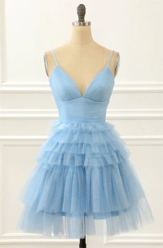 A-Line Cute Ruffles Short Homecoming Dress Light Blue Homecoming Dress, Tulle Lights, Cute Homecoming Dresses, Ruffle Gown, Dress Display, Dress With Ruffles, Short Homecoming Dress, Professional Dresses