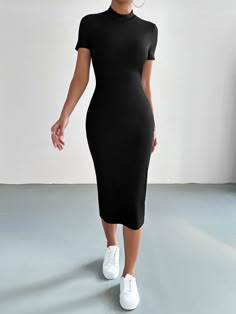 Negro Elegante Collar manga corta Tela Liso Apretado Embellished Elástico Alto  Vestidos de Mujer Knee Length Dresses Bodycon, Collar Bodycon Dress, Trendy Bodycon Dresses, Long Black Bodycon Dress Outfit Casual, How To Style Black Bodycon Dress, Black Dress Outfit Classy Elegant Formal, Long Dresses Casual Maxi Simple, Long Body Con Dress Outfit