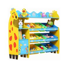 the children's toy shelf with toys on it is painted in blue and yellow