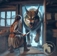 a woman standing next to a wolf in front of a door