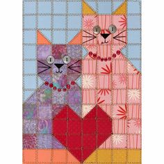 two cats are standing next to each other on a blue and pink plaid pattern background