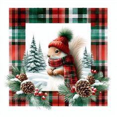 a painting of a squirrel wearing a red and green scarf with pine cones around it