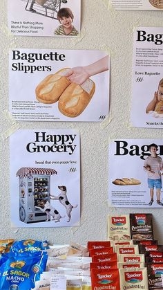 posters on the side of a building advertising baguette slippers and happy grocery