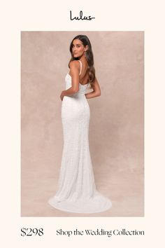 a woman in a white wedding dress with the words lulla's shop the wedding collection