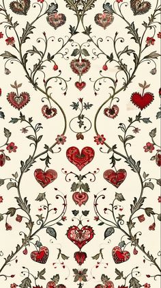 a red and white wallpaper with hearts on it's sides, surrounded by leaves and flowers