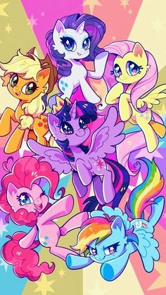 many little ponys are grouped together on a colorful background