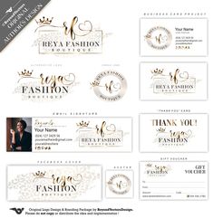 the logo and business cards for fashion boutiques are shown in gold, black and white