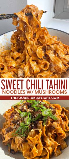 two plates with different types of food on them and the words sweet chili tahitii noodles