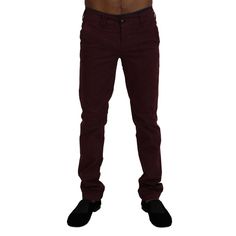 Enhance Your Wardrobe With These Elegant And Modern Maroon Skinny Pants, Perfect For Bringing A Splash Of Color And Sophistication To Any Gentleman’s Attire. Designed By The Renowned Brand Cycle, These Pants Blend Premium Quality With Sleek Styling, Ensuring Both Comfort And A Sharp Silhouette. With Exceptional Tailoring And Attention To Detail, They Are Made In Italy, A Testament To Fashion Craftsmanship. Color: Maroon Material: 97% Cotton 3% Elastane Country Of Origin: Italy Logo Details We Ar Elegant Full-length Pants With Five Pockets, Elegant Fitted Pants With Five Pockets, Elegant Formal Pants With Five Pockets, Designer Fitted Straight Bottoms, Designer Fitted Straight Pants, Designer Fitted Trousers, Elegant Cotton Jeans, Elegant Fitted Cotton Jeans, Red Pants Men