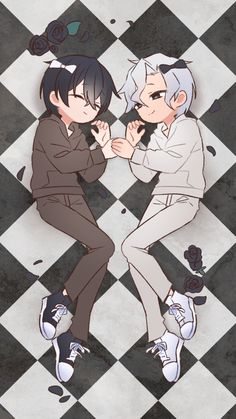 two people sitting on top of a checkered floor with one holding the other's hand