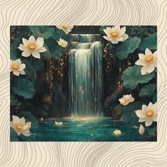 a waterfall surrounded by water lilies and other flowers in front of a wavy background