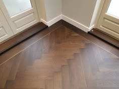 the corner of a room with wood flooring and two windows on either side of it