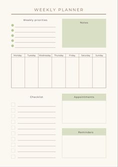 the printable weekly planner is shown in green
