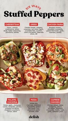 the different types of stuffed peppers are shown in this recipe book, with instructions for how to make stuffed peppers