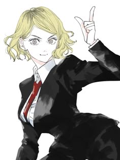 a drawing of a woman in a suit and tie with her hand up to the side