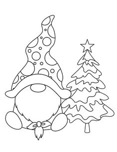 a cartoon gnome with a christmas tree in the foreground and a star on top