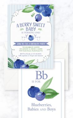 two baby shower cards with blueberries on them