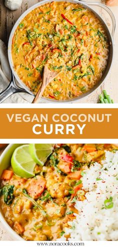 vegan coconut curry in a bowl with rice and lime