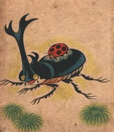 an artistic painting with a ladybug crawling on top of a leafy plant