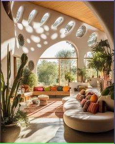 a living room filled with lots of furniture and plants on top of the couches