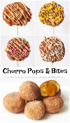 four different types of donuts with sprinkles on them and the words churro pops & bites