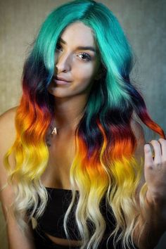 Vivid Hair Color Blocking, Unusual Hair Colours, Dark Rainbow Hair, Rainbow Hair Medium Length, Multicolor Hair, Neon Rainbow Hair Color Ideas, Brown Hair Rainbow Highlights, Rainbow Hair Strand, Rainbow Baliage Hair