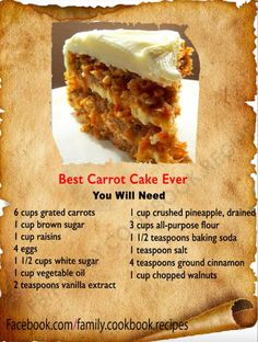 the recipe for carrot cake is shown in this advertisement with information about how to make it