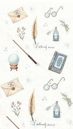 watercolor illustration of items from harry potter's book, including an envelope, magnifying glass and feather quill