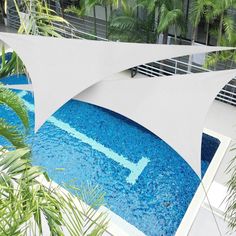 an outdoor swimming pool with blue water and palm trees