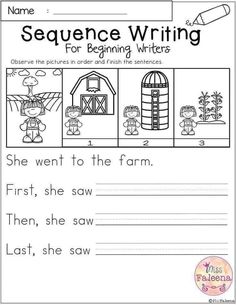 the sequence writing worksheet for beginning and ending words, with pictures of farm animals