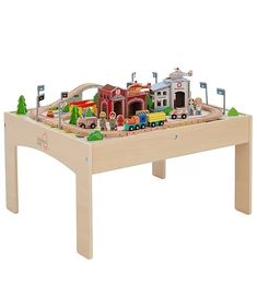 a toy train table with cars and buildings on it's top, sitting in front of a white background