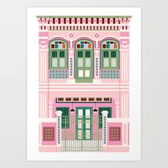 a pink building with green shutters on the front and side windows, in an art print