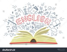 an open book with the word english in it and doodles around it on a white background